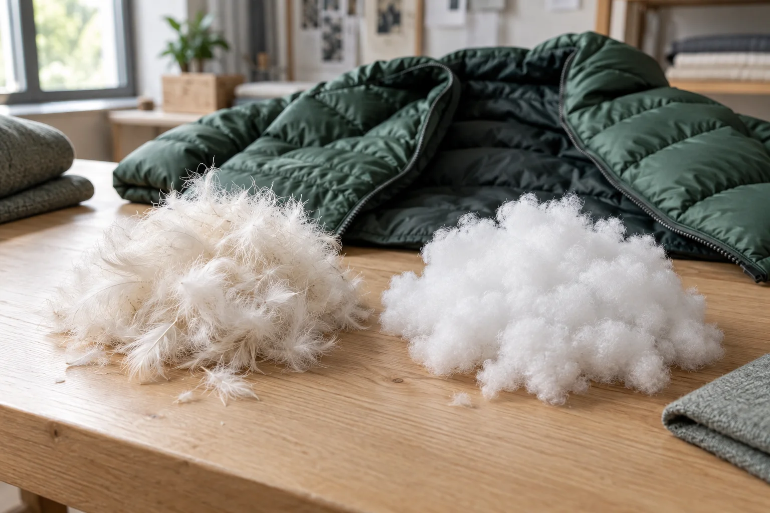 Duvet et fibres synthétiques recyclées devant une doudoune verte