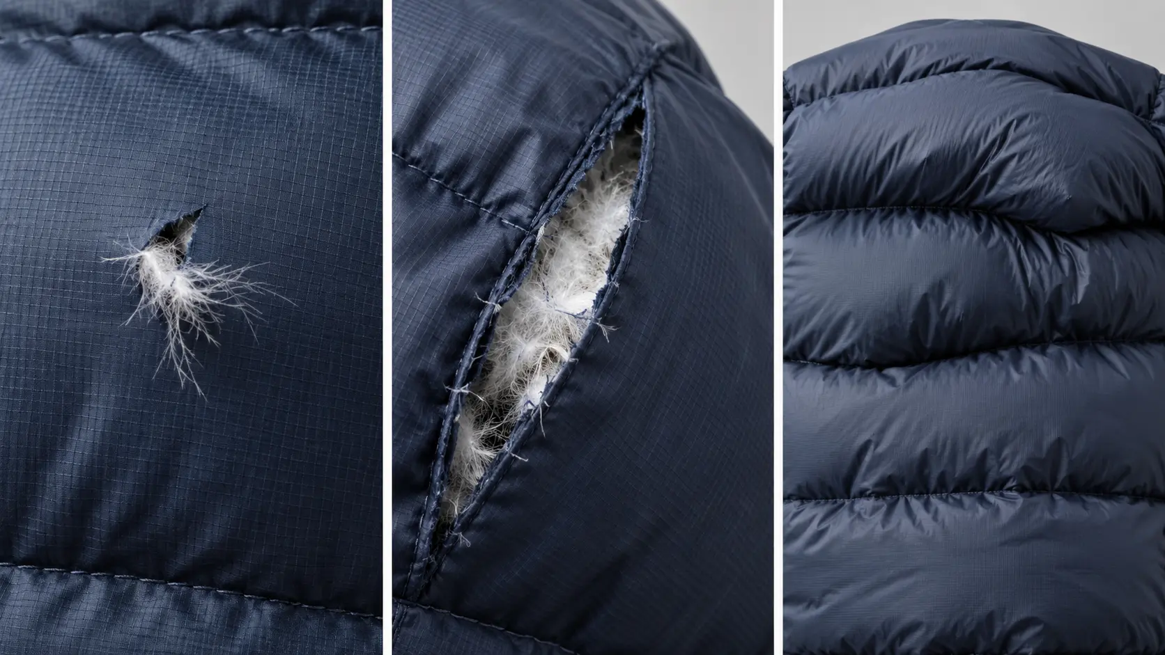 Comparaison entre petit accroc, couture ouverte et cloison endommagée sur une doudoune