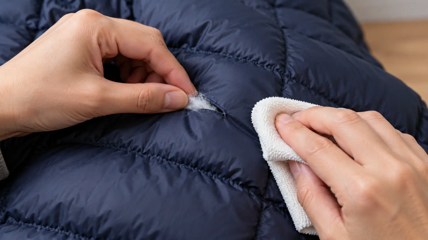 Mains rentrant le duvet puis nettoyant localement un petit accroc de doudoune