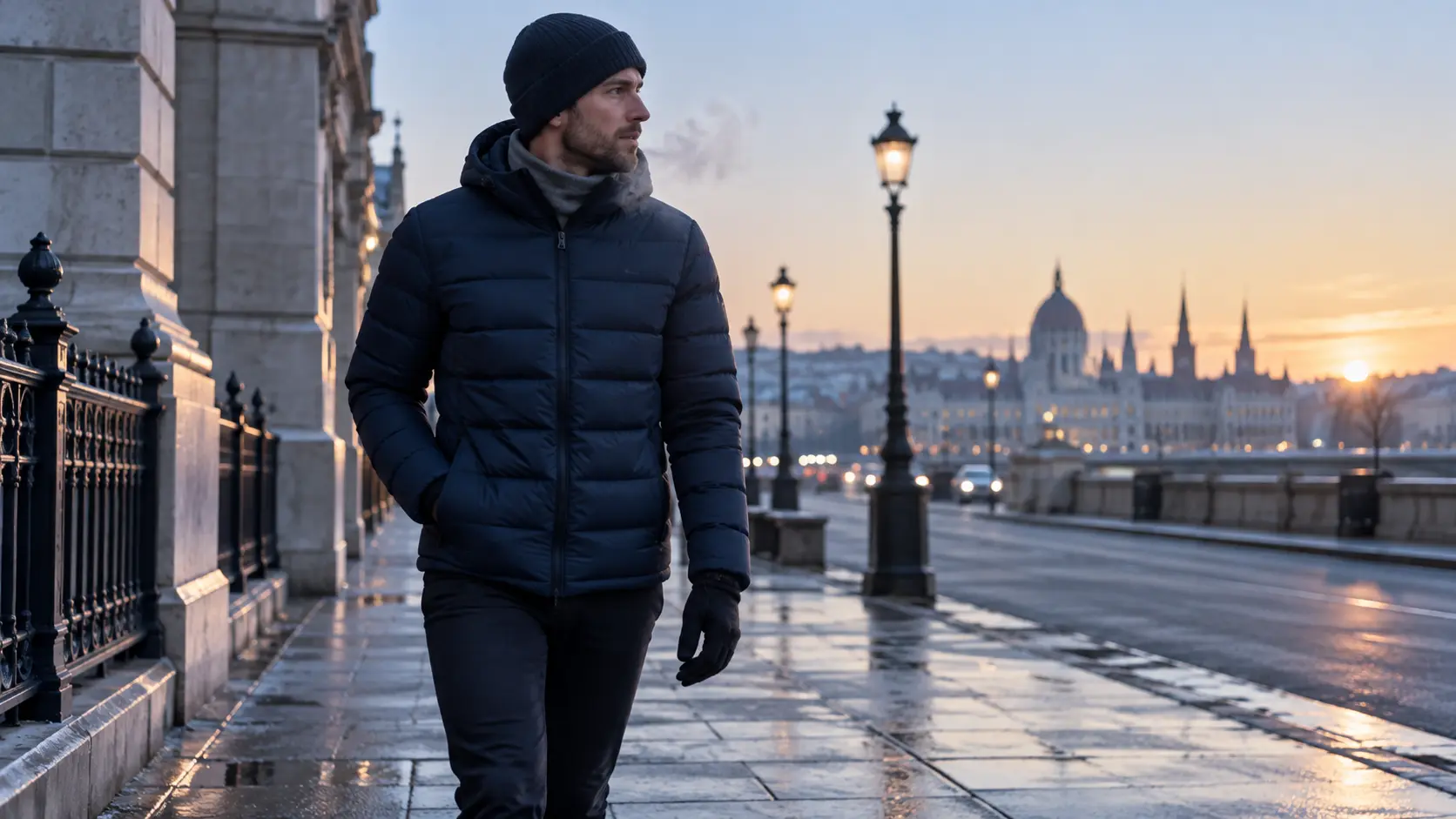 Personne portant une doudoune fine dans une rue par temps froid